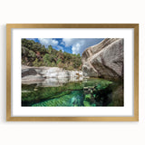 Abstract art print of a Corsican landscape in gold frame, featuring muted earth tones, ideal for dining room decor.