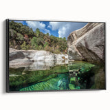 Black and white framed canvas of a Corsican landscape, ideal for bedroom wall art in a vintage poster style.