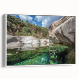 Vintage poster art of a Corsican landscape on framed canvas, featuring colorful art in extra large format.