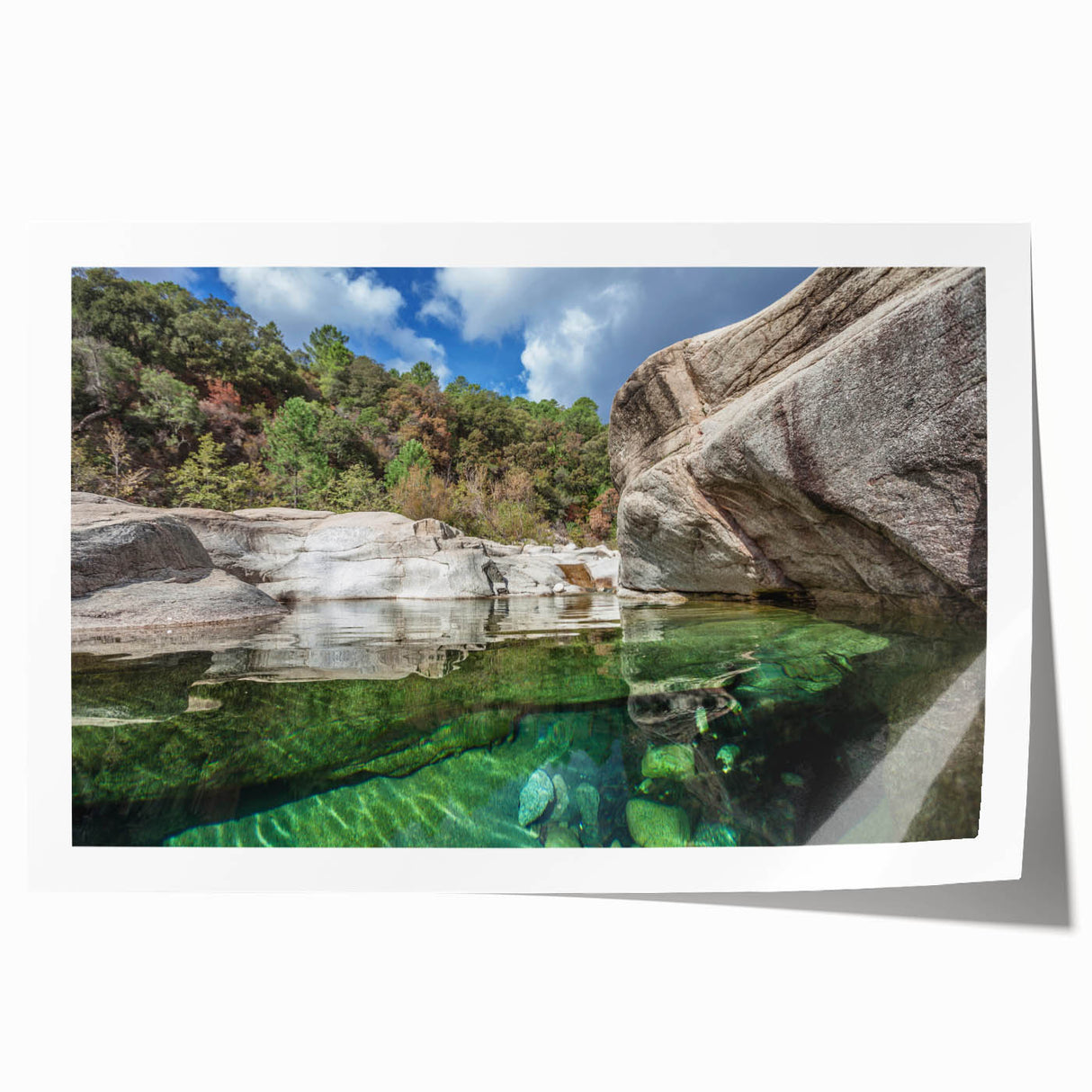 Rolled print of a Corsican landscape featuring vibrant green meadows and distant hills, ideal for art wall dining room.