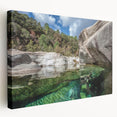 Large canvas print of Corsican landscape with vibrant green and blue tones, ideal for kitchen wall art.