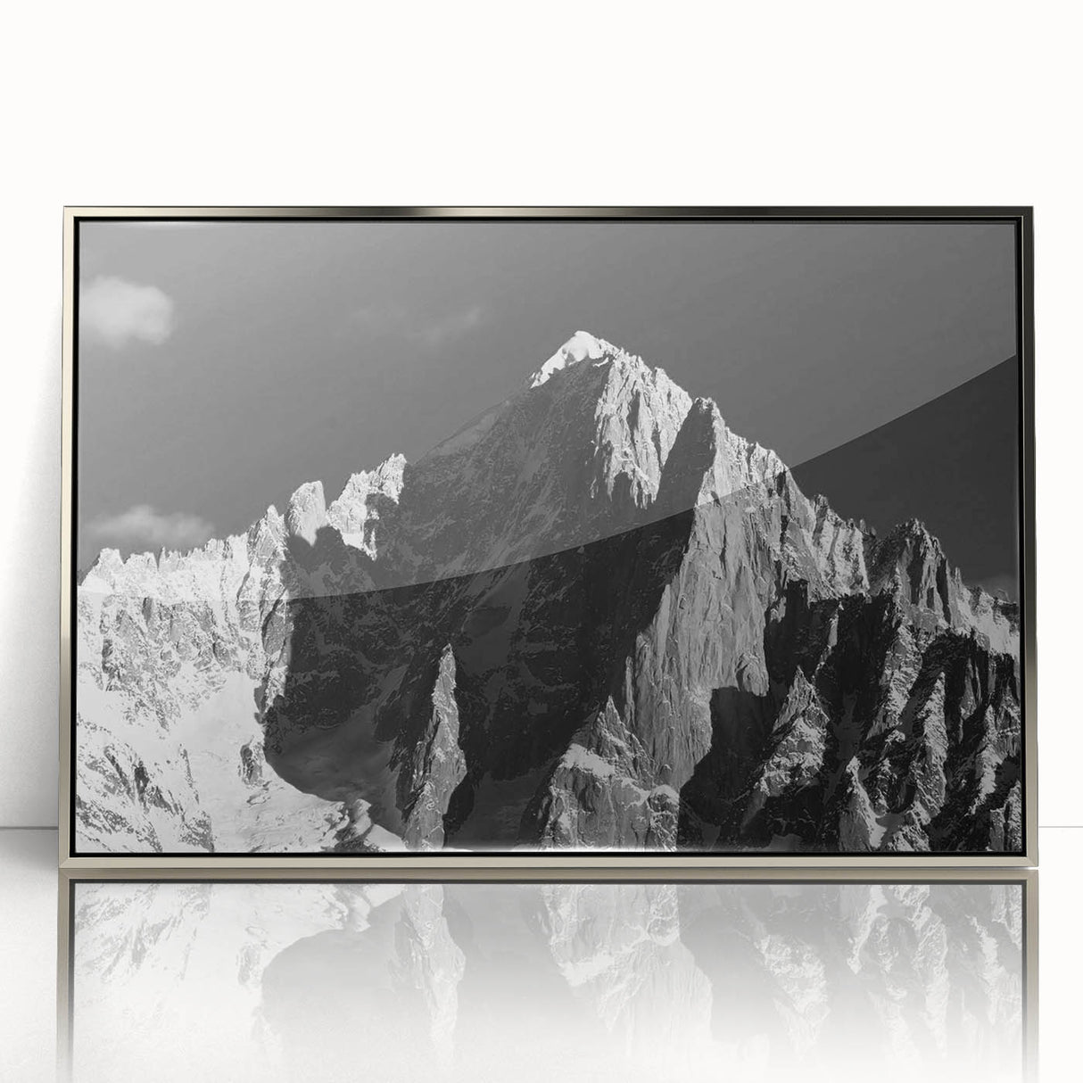 Large art print of the French Alps in muted gray and silver tones, acrylic framed, ideal for modern art wall decor.