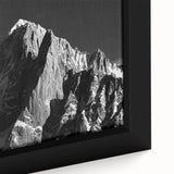 Extra large framed canvas of the French Alps in black with colorful, textured elements, suitable for living room decor.