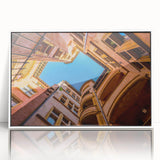 Mid-century modernist art of Lyon, France in muted blues and grays on a framed acrylic, ideal for modern art wall decor.