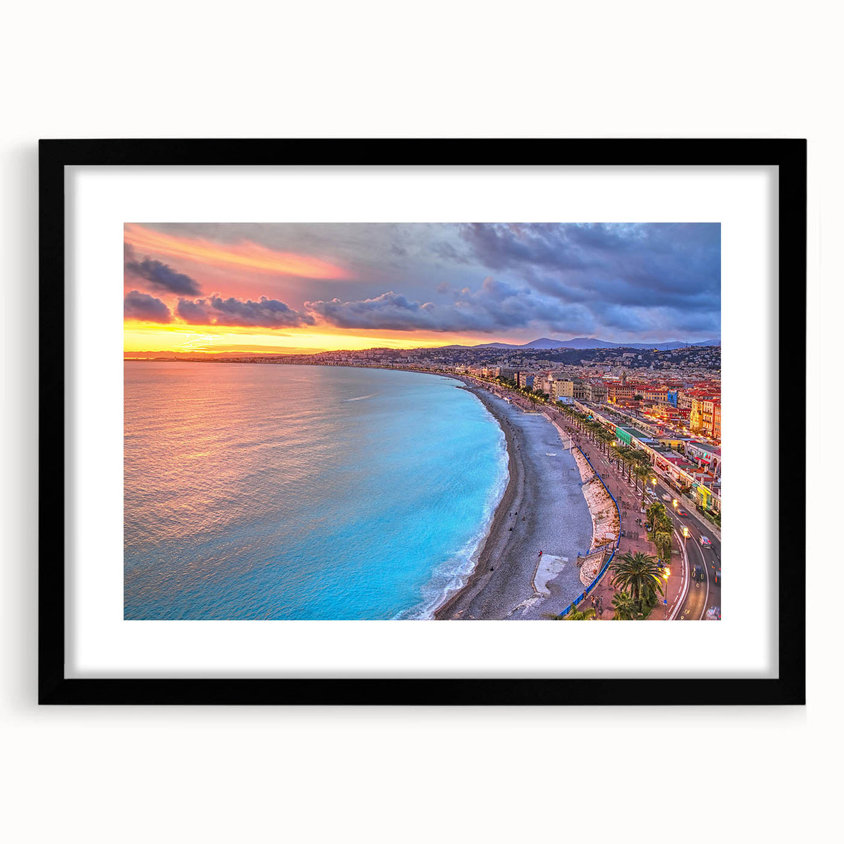 Extra large abstract art print of a colorful European scenery, textured finish on a black framed canvas.