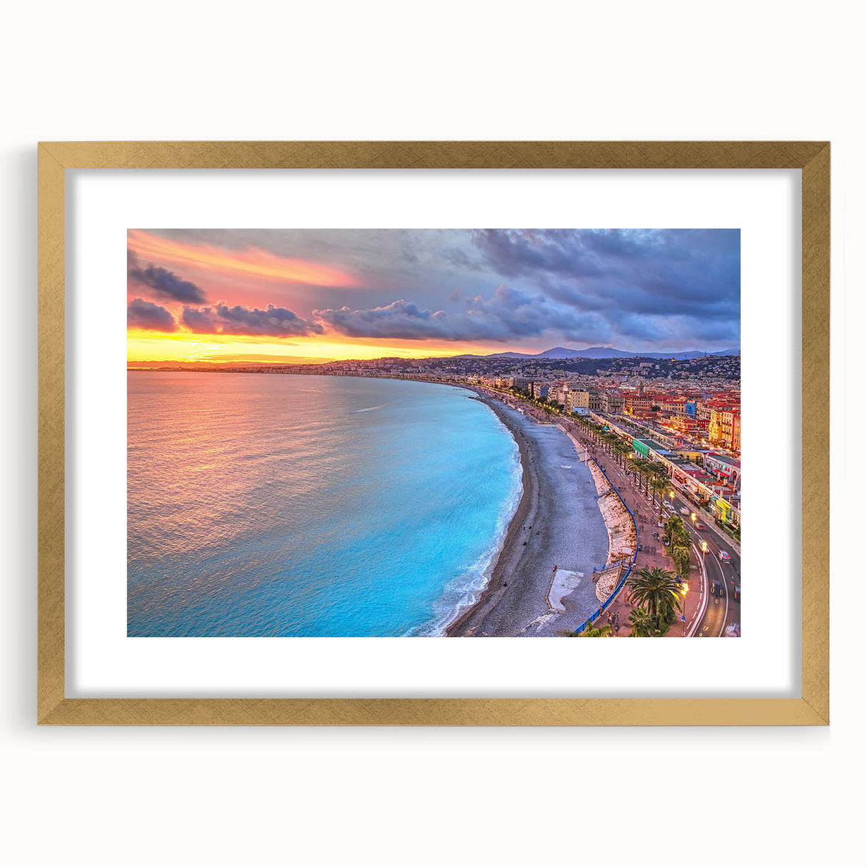 Abstract art print of a European scenery in Nice, featuring muted earth tones on a framed gold canvas.
