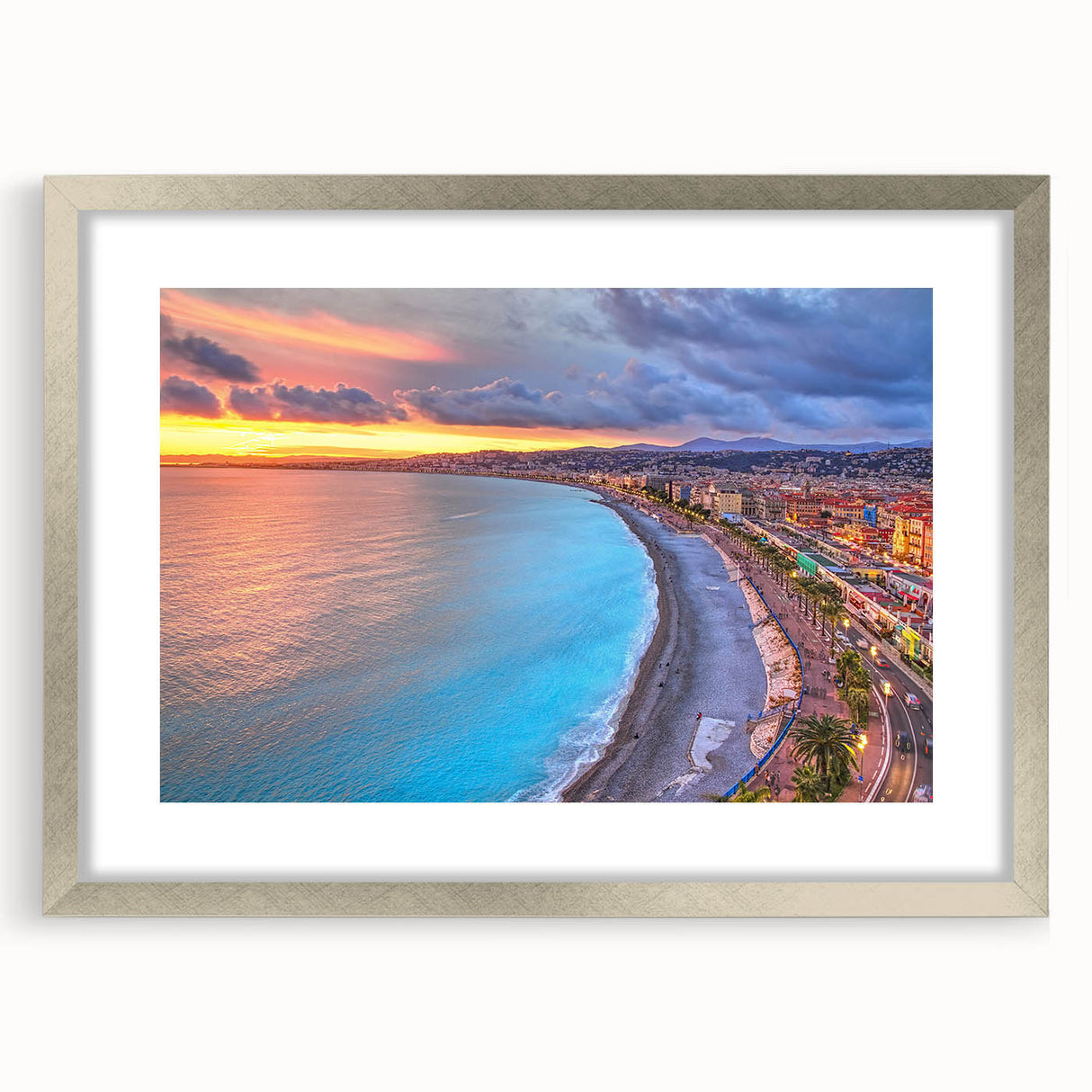 Extra large abstract art print of a textured European scenery in muted earth tones, framed in silver.