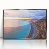 Large art print of Nice, France scenery in mid-century modernist style, with vibrant hues, framed in silver acrylic.