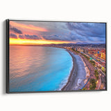 Black and white framed canvas of a vintage Nice, France landscape, ideal for bedroom wall art.