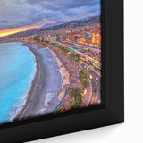 Extra large framed canvas of a black textured art piece depicting a colorful Nice, France scenery.