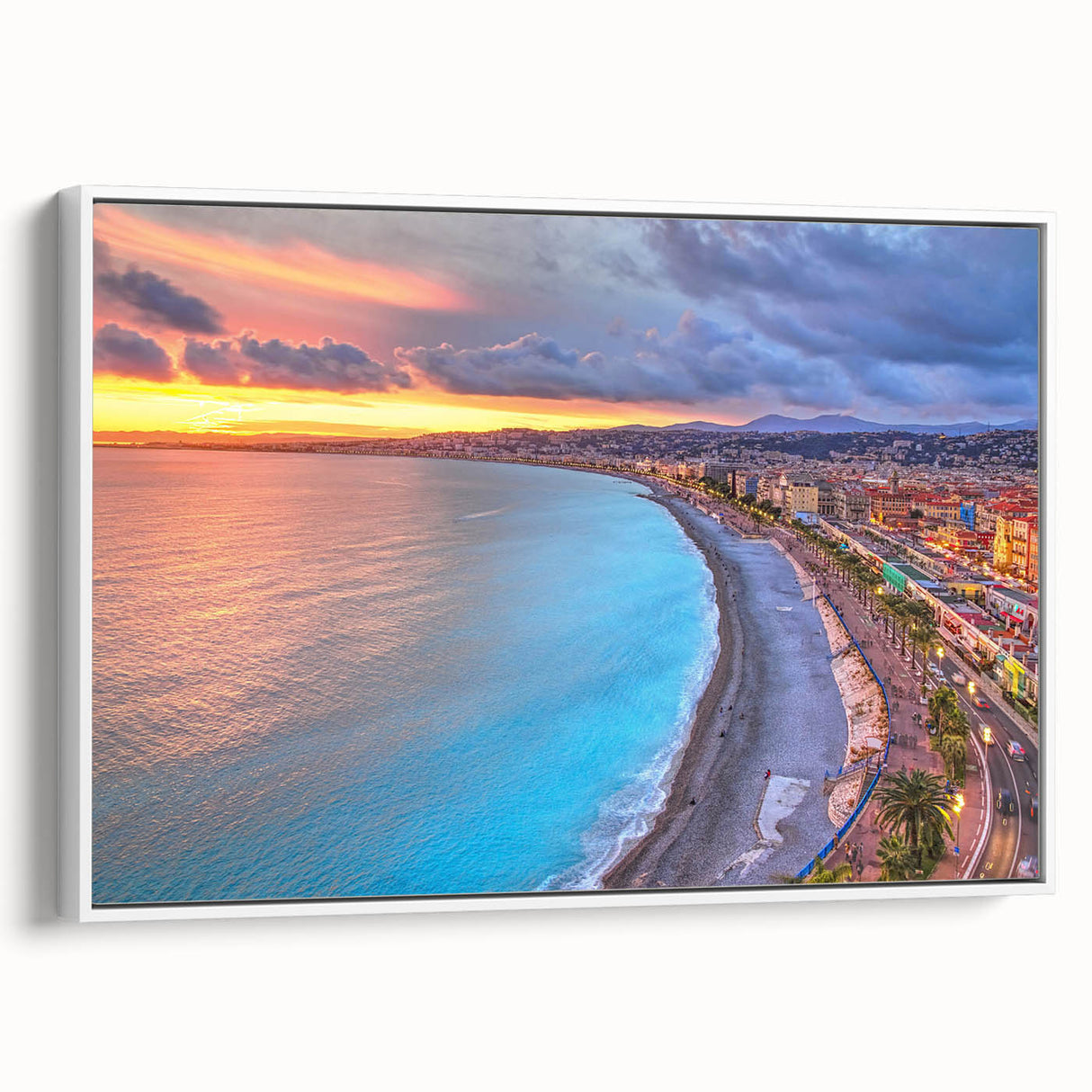 Vintage poster art of Nice, France in vibrant colors on extra large framed canvas, ideal for living room decor.
