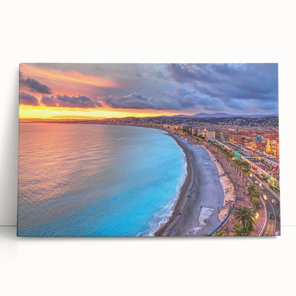 Black and white large art print of Nice, France on stretched canvas, suitable for kitchen wall art.