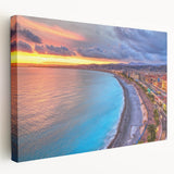 Large art piece depicting a scenic view of Nice, France in muted earth tones on stretched canvas.