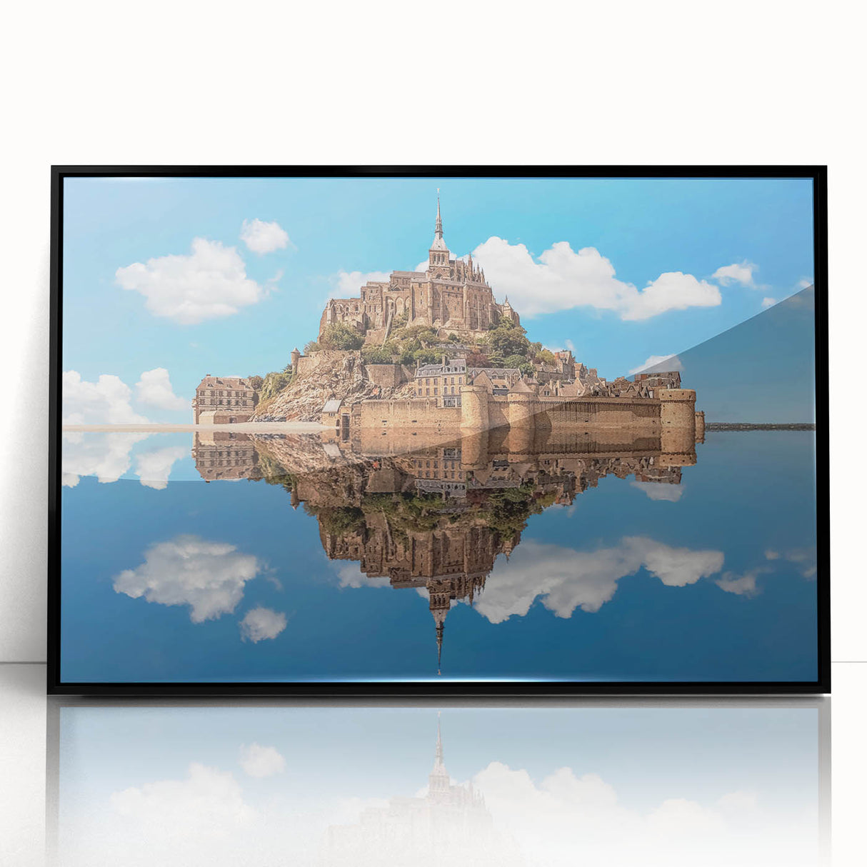 Large abstract wall art depicting the Normandy, France scenery in mid-century modernist style, framed in black acrylic.