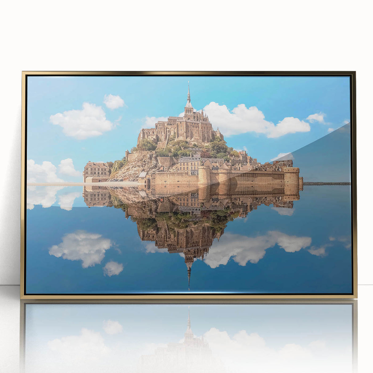 Art deco poster of Normandy landscape in muted gold and green tones on acrylic, ideal for modern art wall decor.