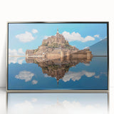 Large art print of a serene Normandy landscape in mid-century modernist style, framed in silver acrylic.