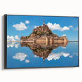Black and white wall art featuring a vintage landscape painting of Normandy on framed canvas, ideal for bedroom decor.