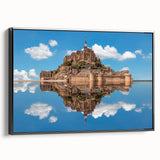 Black and white wall art featuring a vintage landscape painting of Normandy on framed canvas, ideal for bedroom decor.
