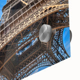 Large abstract depiction of Paris in muted gray and blue tones on acrylic glass, ideal for dining room art.