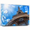 Acrylic print of Paris skyline with muted blue and gray tones, ideal for dining room decor.