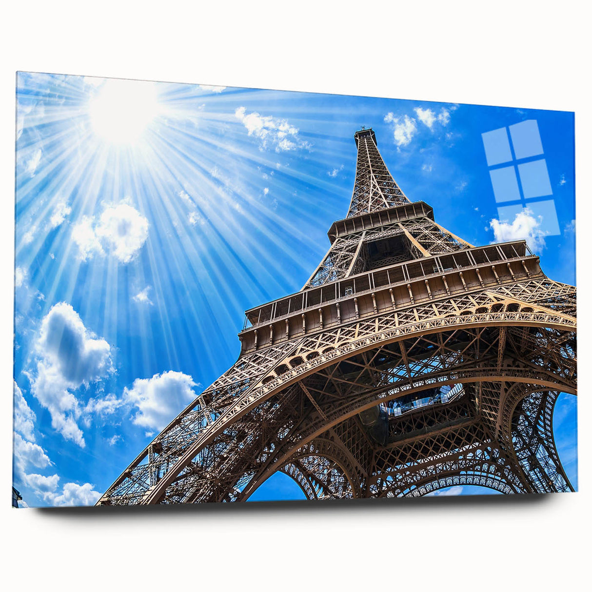 Acrylic print of a Parisian scene in muted gray and blue tones, ideal for bedroom or dining room art.