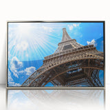 Large art print of a Parisian street scene in muted colors on a silver-framed acrylic, ideal for modern art wall decor.