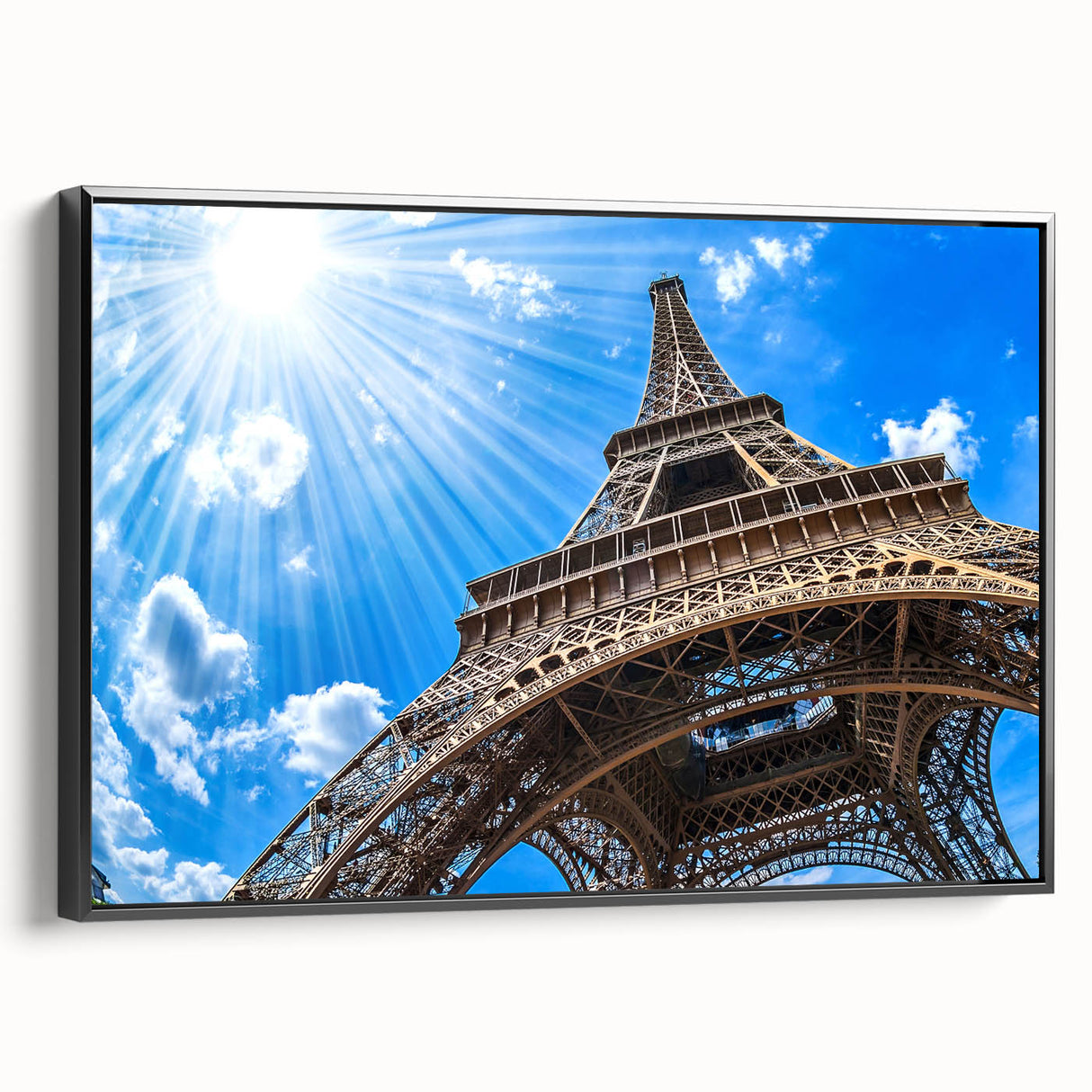 Black and white vintage poster art of Paris landscape on framed canvas, suitable for bedroom decor.