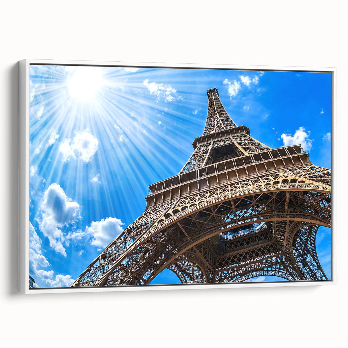 Vintage poster art of Paris with vibrant, colorful accents on white framed canvas, ideal for living room decor.