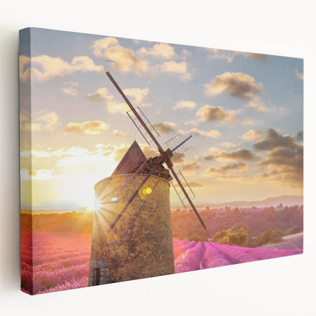 Provence landscape with lavender fields on stretched canvas, featuring soft purple and green tones.