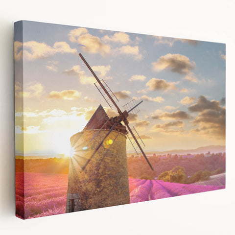 Provence landscape with lavender fields on stretched canvas, featuring soft purple and green tones.