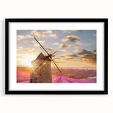 Colorful abstract art print of Provence scenery in vibrant hues on a large framed canvas, ideal for living room decor.