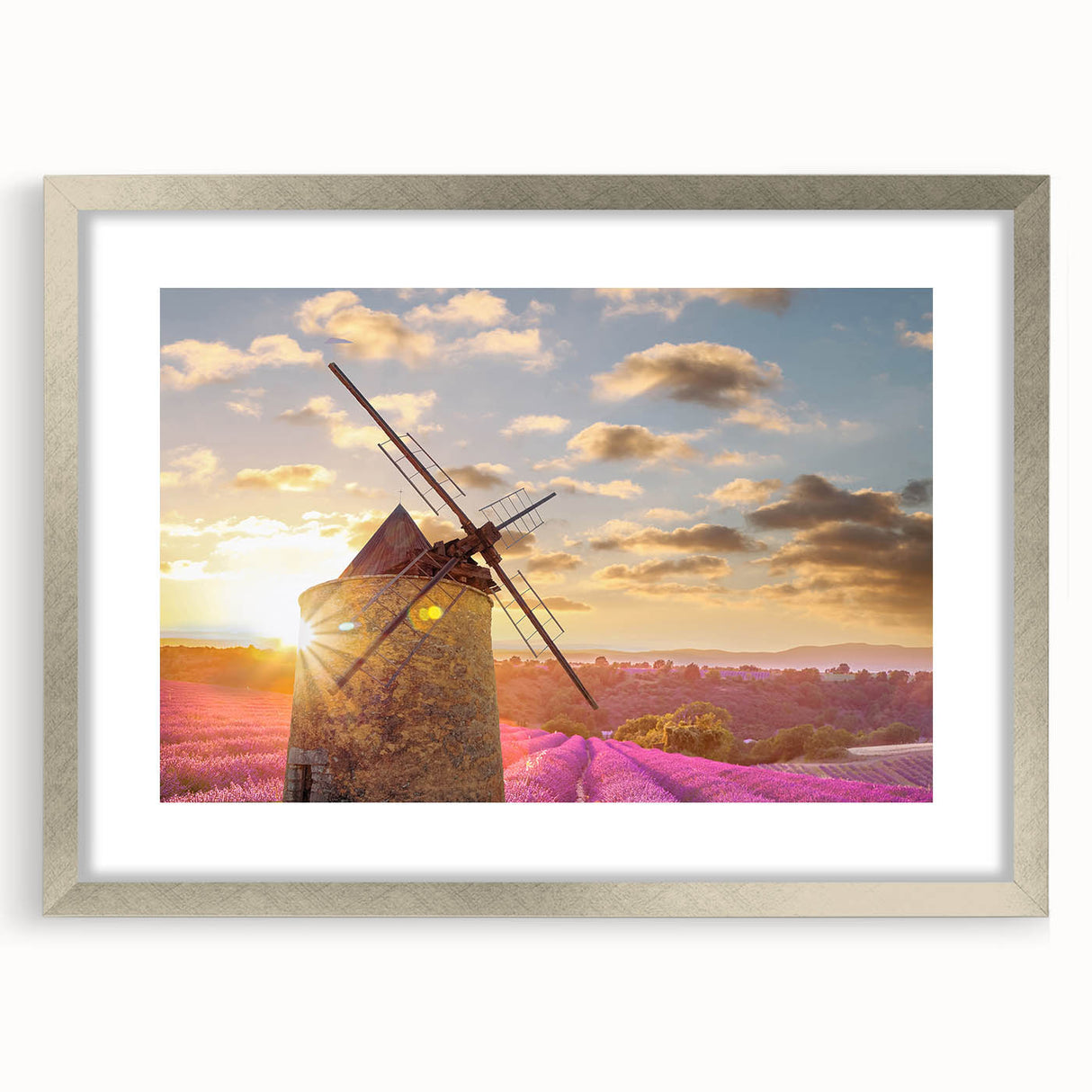 Textured art depicting an abstract Provence landscape in muted earth tones, silver-framed with mat.