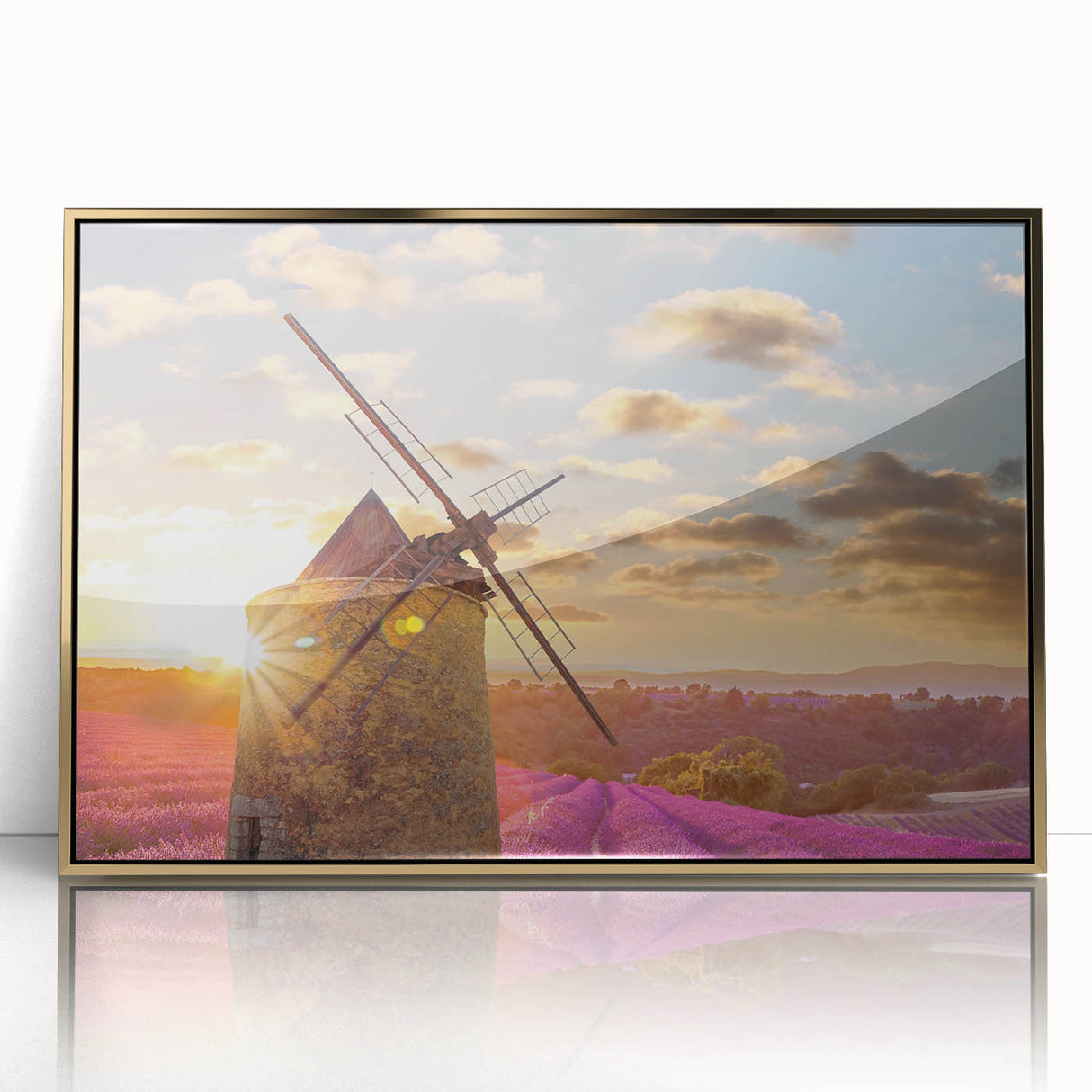 Large art print of a Provence, France landscape in muted earth tones, framed in gold acrylic.