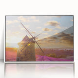 Art deco poster of Provence landscape in muted blues and greens, acrylic print framed in white.