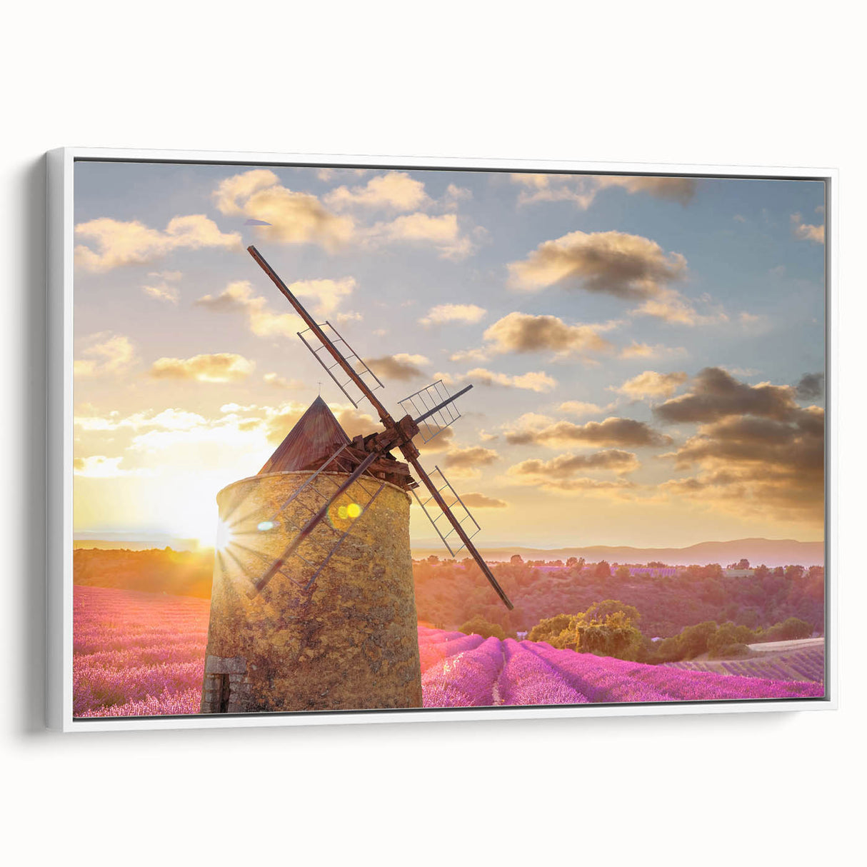 Vintage poster art of a Provencal landscape on a framed canvas, featuring colorful art in pastel shades.