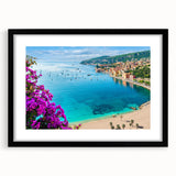 Abstract art print of a vibrant, colorful European scenery on a large textured canvas, framed in black.