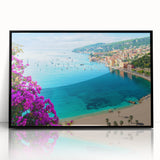 Large abstract wall art depicting a mid-century modernist scene in muted earth tones, acrylic print framed in black.