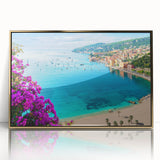 Art deco poster depicting a serene South France landscape in soft pastel hues on framed acrylic.