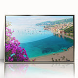 Large art print of a southern France landscape in muted earth tones on a silver-framed acrylic.