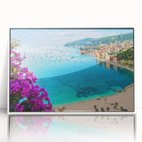 Mid-century modernist art depicting a serene South France landscape on white-framed acrylic, using pastel hues.