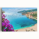 Black and white print of a scenic European village on stretched canvas, ideal for kitchen wall art.
