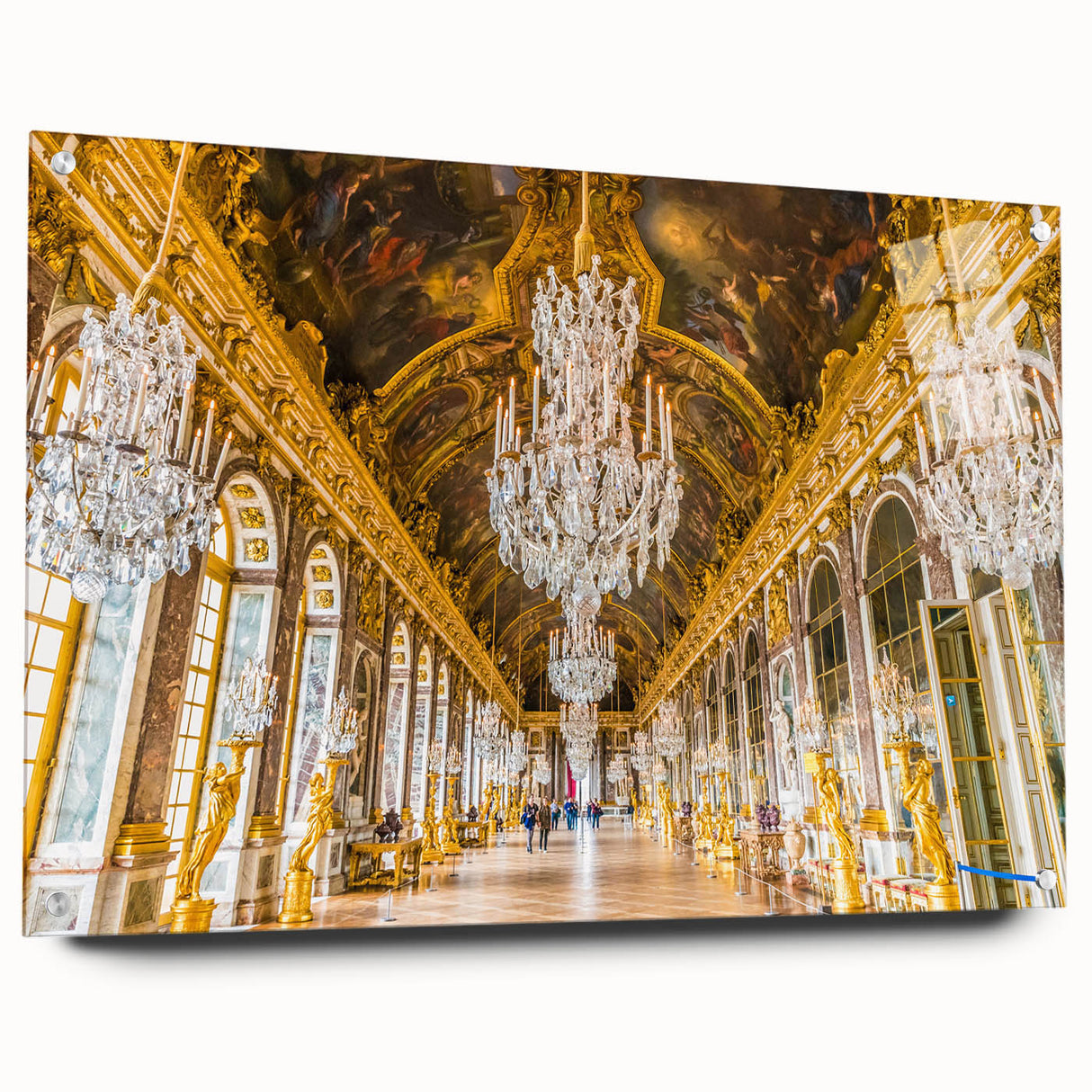 Acrylic print of the Versailles gardens in muted green and blue tones, suitable for dining room decor.