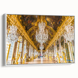 Vintage poster art of Versailles in a white framed canvas, featuring a black and colorful palette.
