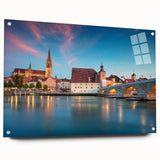 Acrylic print of a Bavarian landscape, featuring lush greenery and a distant castle, ideal for dining room decor.