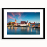 Extra large abstract art print of a colorful Bavarian landscape on textured canvas, framed in black.