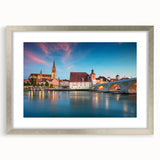 Extra large abstract art print of a Bavarian landscape, featuring textured brush strokes in earthy tones, framed in silver.