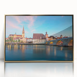 Art deco poster of a Bavarian landscape in muted gold and green tones on framed acrylic, ideal for modern art wall decor.