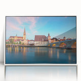 Mid-century modernist art of Bavarian scenery in muted earth tones on a framed acrylic, ideal for nursery wall art.