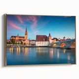 Framed canvas of a vintage landscape painting depicting the Bavarian scenery, in muted earth tones.