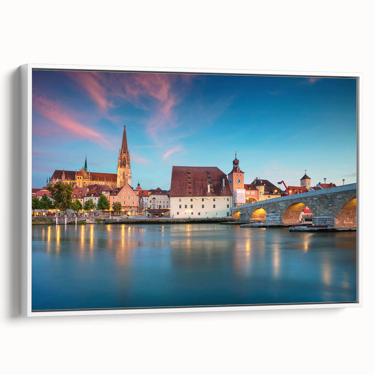 Vintage poster art of Bavarian landscape on extra large framed canvas, featuring vibrant colors, ideal for living room decor.